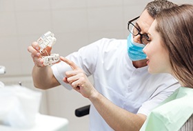Dentist showing patient smile model