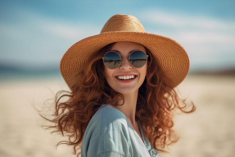 Woman smiles on the beach.